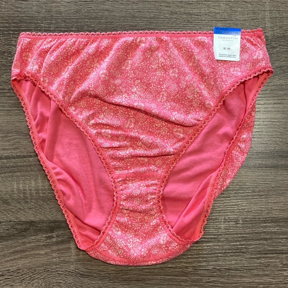 NWT - Charter Club 100% Cotton High Cut Panties - Picot Trim - Pink Retro - XL